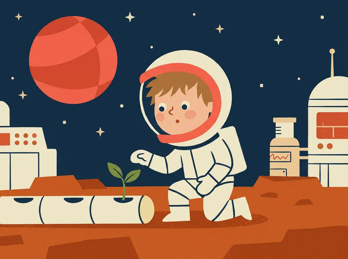 The kid kneels on Mars next to a small green plant sprout, examining it.