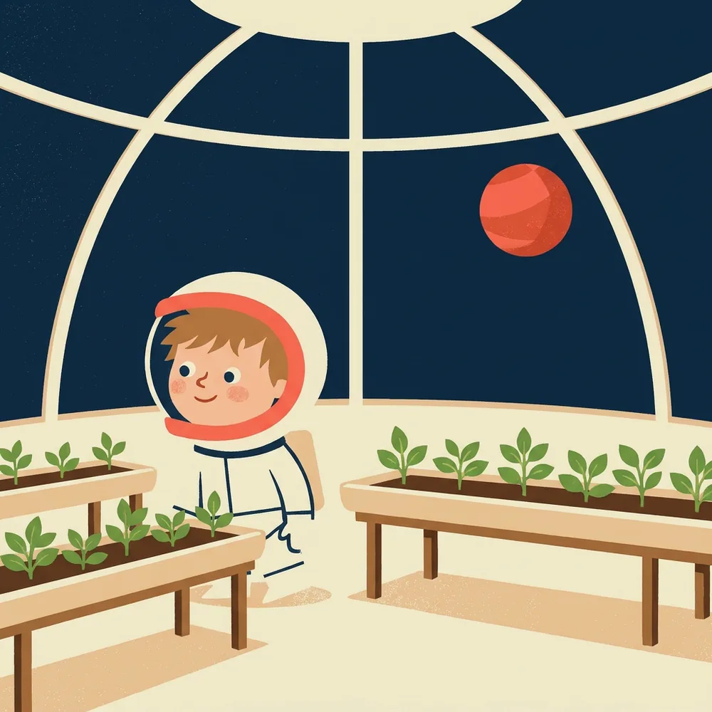 The kid stands inside a Mars greenhouse dome surrounded by rows of small green plants.