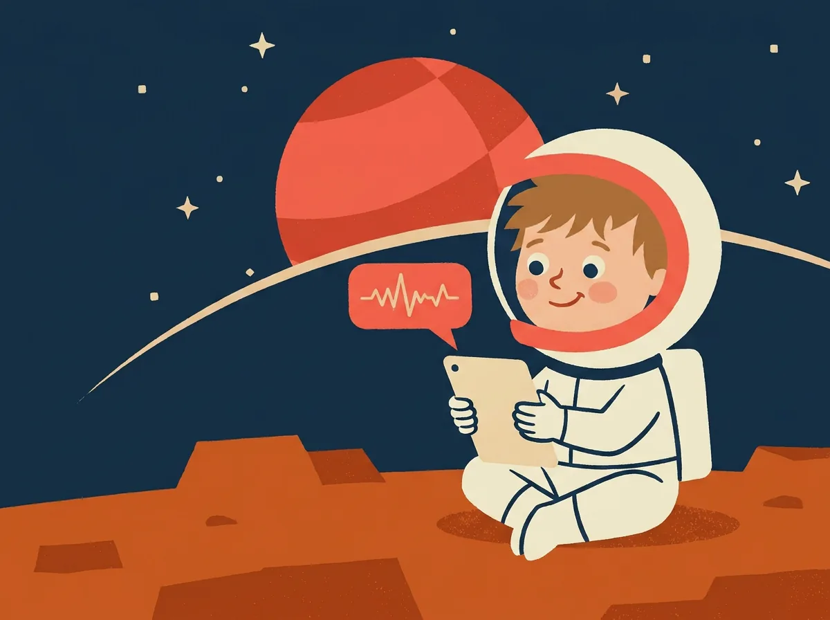 The kid sits on Mars holding a tablet showing a coral speech bubble with a voice waveform.