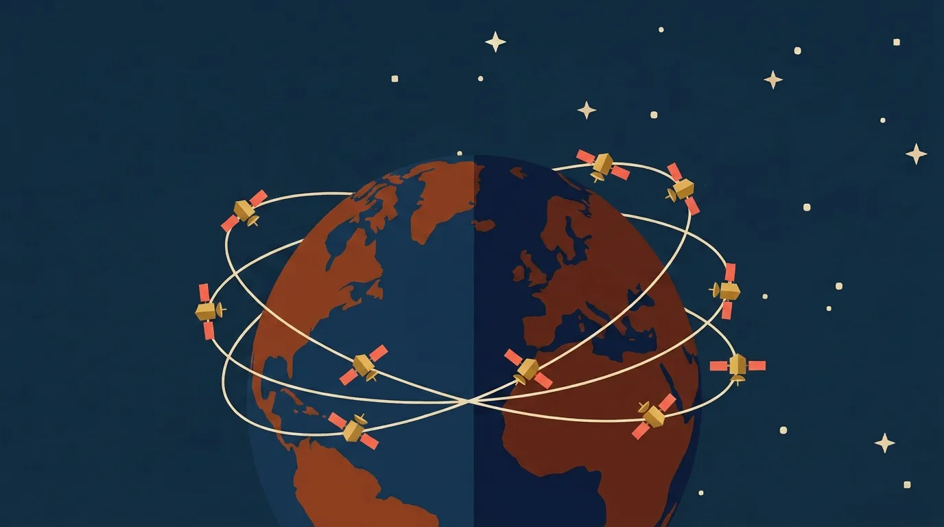 Earth from space with a sparse ring of small golden satellites orbiting around it.