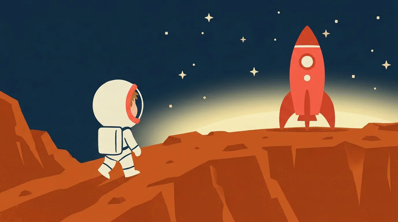 The kid walks across a Mars ridge toward a coral rocket on the horizon at sunrise.