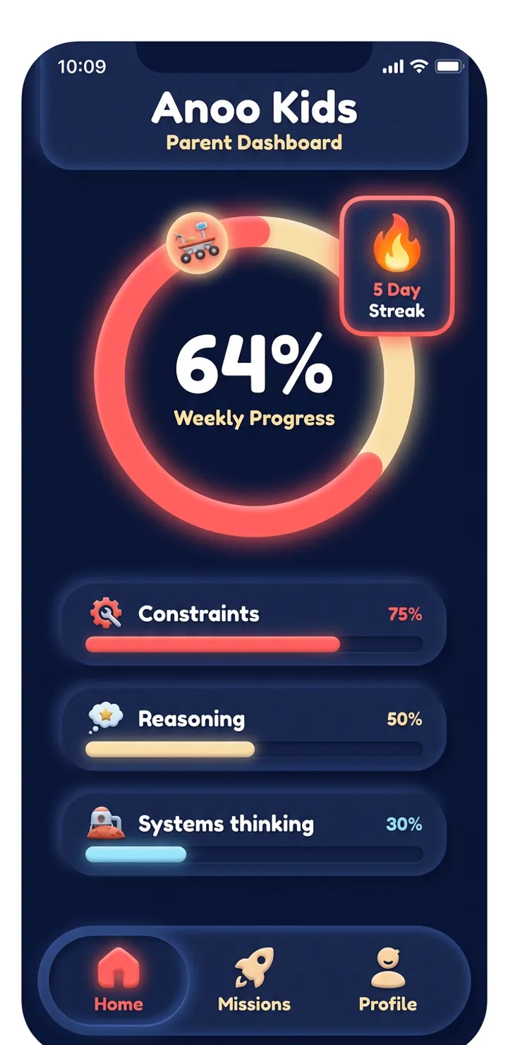 Anoo Kids app screen: Parent dashboard