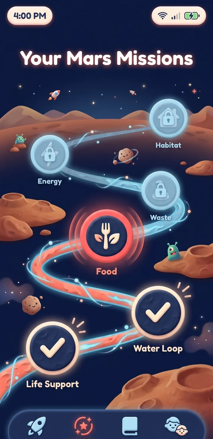 Anoo Kids app screen: Six Mars missions
