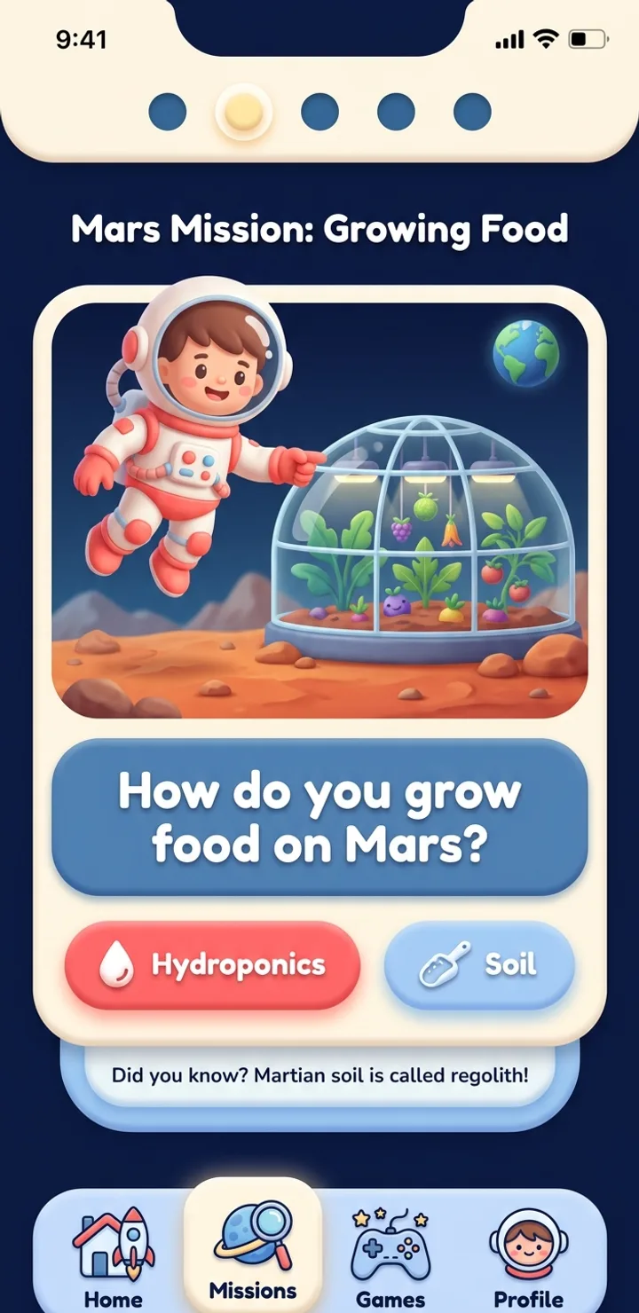 Anoo Kids app screen: an interactive Mars-mission story where the child chooses what happens next.