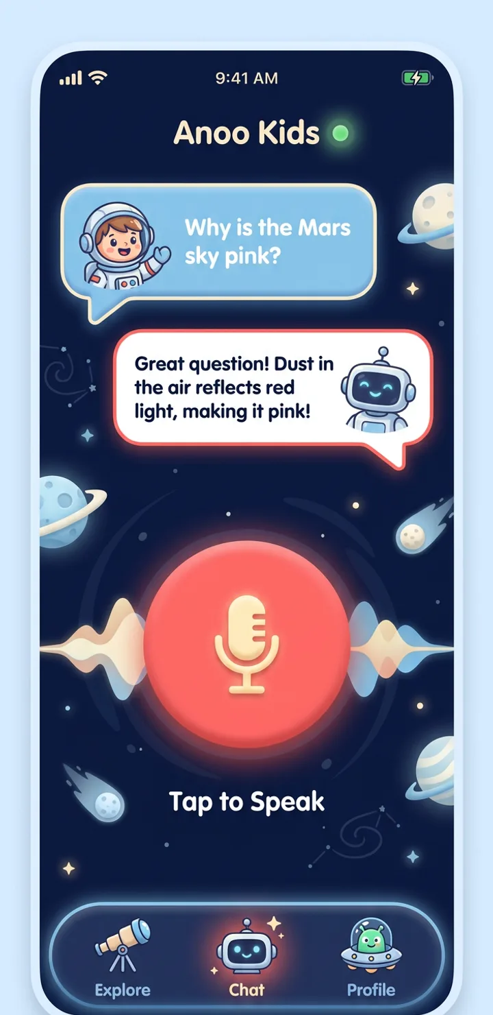 Anoo Kids app screen: AI voice tutor